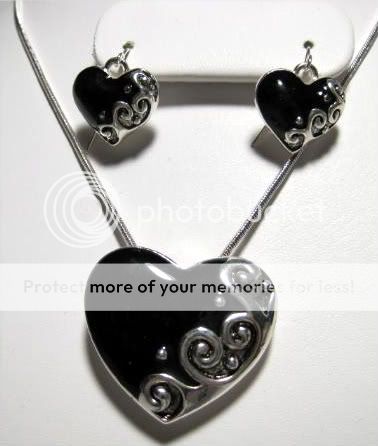 Silver Black Heart Necklace Pendant Pin Earrings Set  